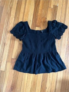 Madewell Black Smocked Peplum Top with Eyelet Puff Sleeves Small